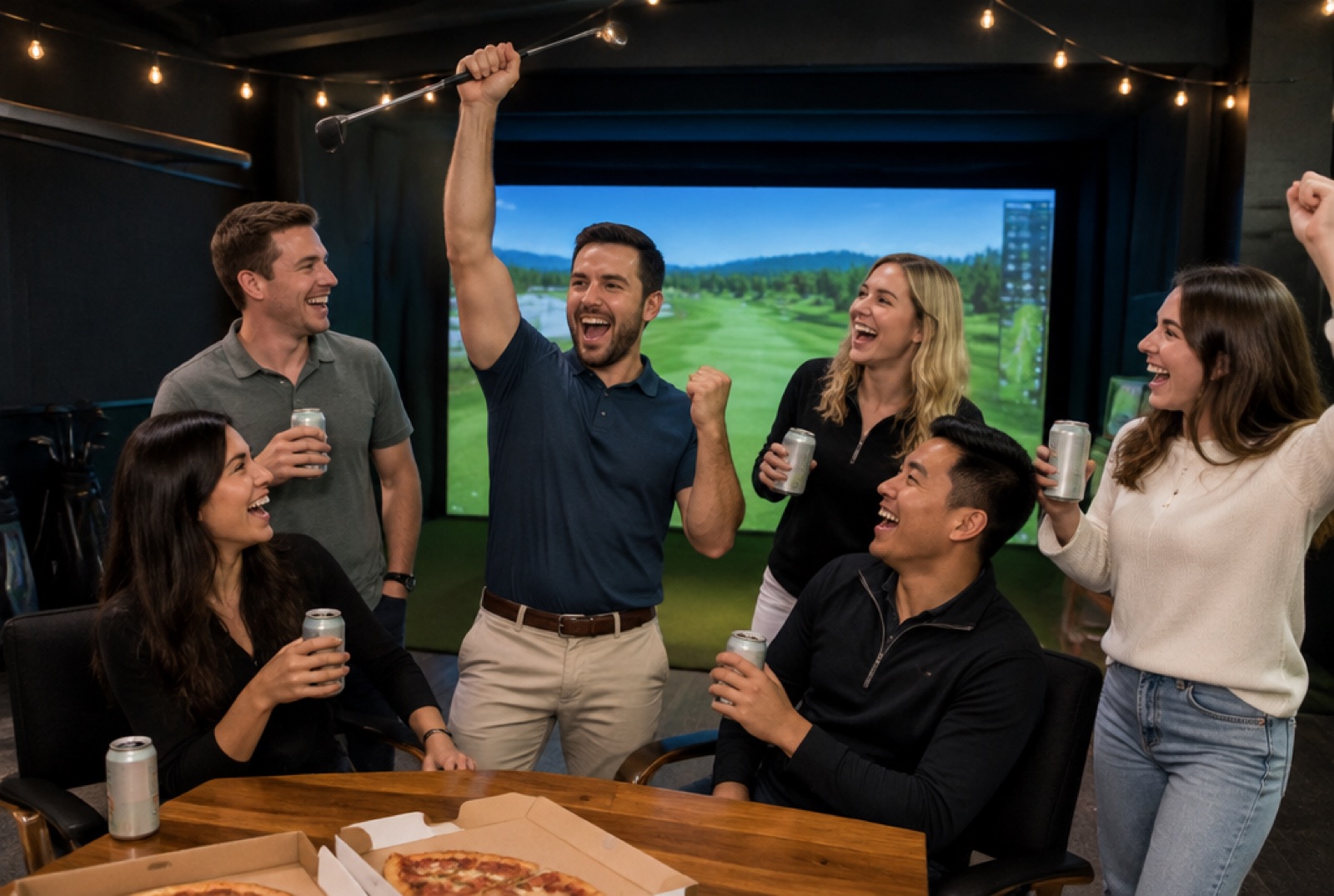 Friends celebrating a birthday in a simulator bay