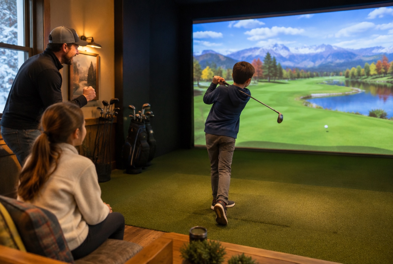 A boy swinging in a simulator bay while his dad and sister watch