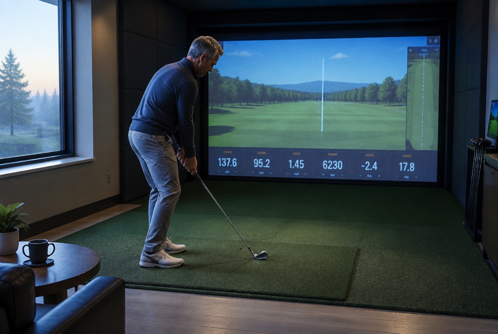 A golfer practising alone with shot numbers on the screen